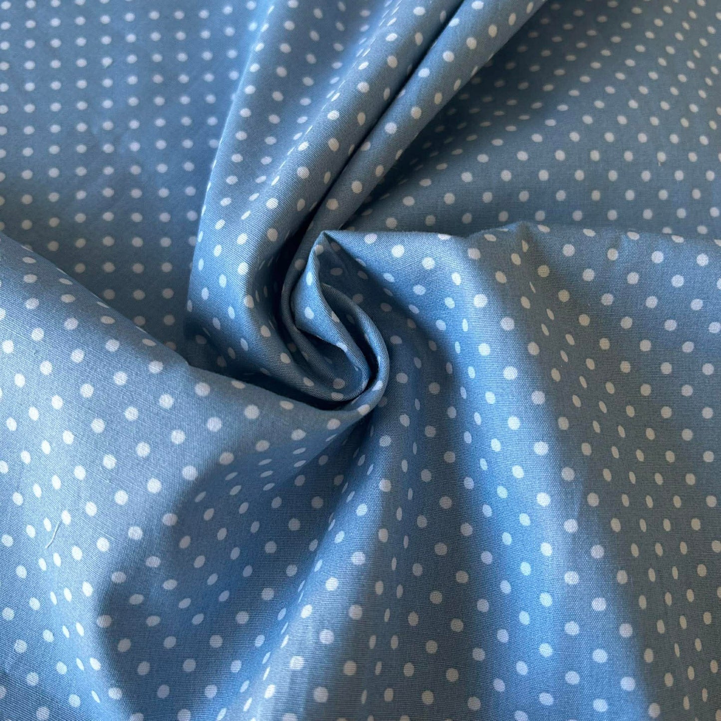 Cotton Poplin Mid Blue with 3mm white spots by Rose and Hubble