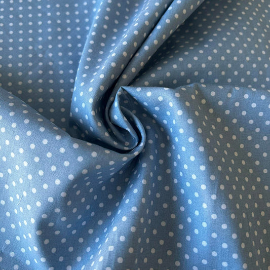 Cotton Poplin Mid Blue with 3mm white spots by Rose and Hubble