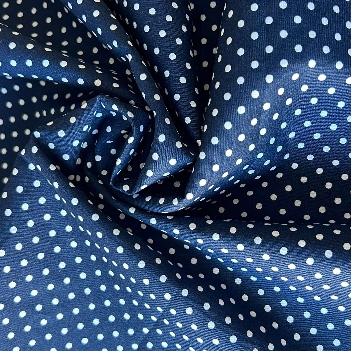 Cotton Poplin Navy Blue with 3mm white spots by Rose and Hubble