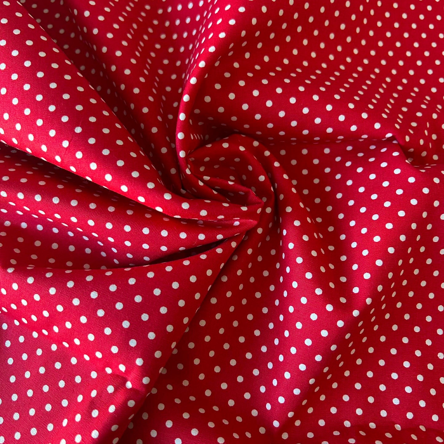Cotton Poplin Red with 3mm white spots by Rose & Hubble